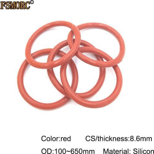 8.6mm Thickness Silicon Rubber O-ring Sealing 100~650mm OD Red Heat Resistance O Ring Seals Gaskets/Food Grade Seals no poison