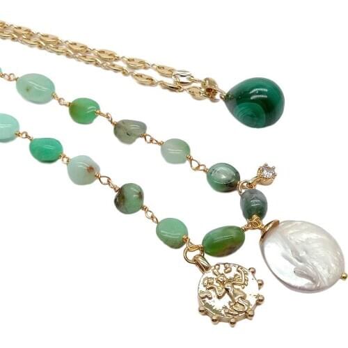 YYGEM 2 Strands Green Chrysoprase Freeform Coin Pearl Malachite Teardrop Charm Gold Color Chain statement Necklace