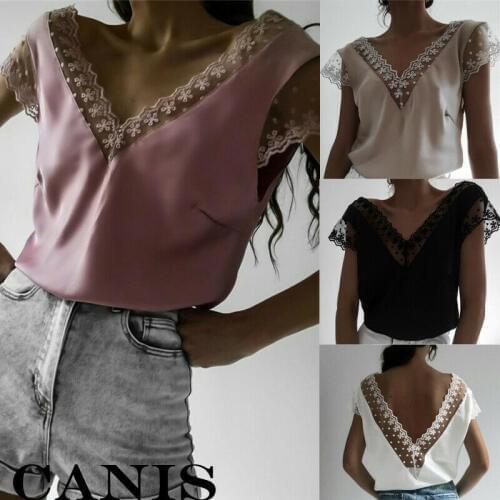 Womens Ladies Summer V Neck Hollow Lace Shirt Loose Casual Blouse Tops T-Shirt Silk Backless Grace Elegant