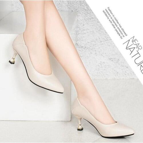 Women Beige Pointed Toe Pu Leather Slip on Stiletto for Office Pumps Ladies Black Party High Heel Shoes Sapato Feminino