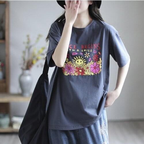 Summer Tshirts Women Casual Print Cartoon Loose Letter O-Neck Collar Female Wild Tees Tide