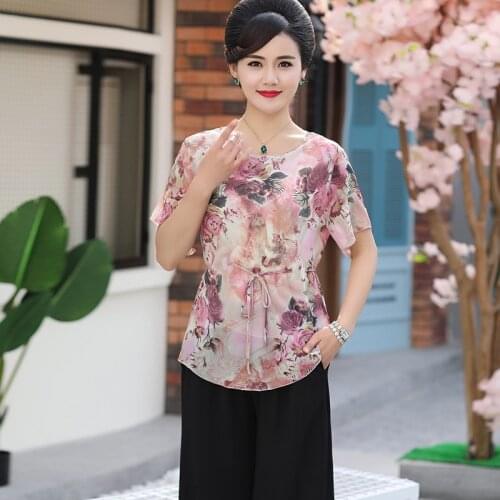 Women Summer Suits Elegant Floral Printed Chiffon Blouse Two Pieces Lady Wide Leg Chiffon Sets Clothes