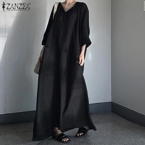 ZANZEA Women Dress Autumn Black Maxi Long Sundress Robe Vintage V neck Sleeve Cotton Linen Vestido Solid Kaftan Femme 7