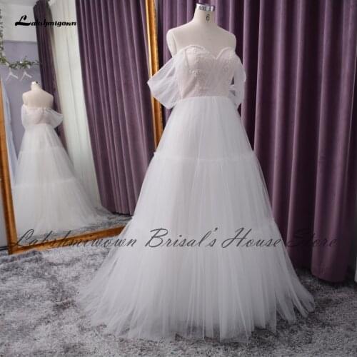 Vestidos de Verano 2021 Princess Boho Wedding Dress Robe Longue Bridal Wedding Gowns Lace Beaded Off Shoulder Floor Length