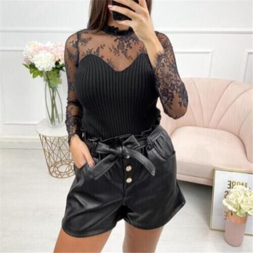 2020 Spring Fashion Women Sexy Lace Perspective Neck Blouse Knitted See Through Mesh Long Sleeve Tops Ladies Casual Slim Blouse
