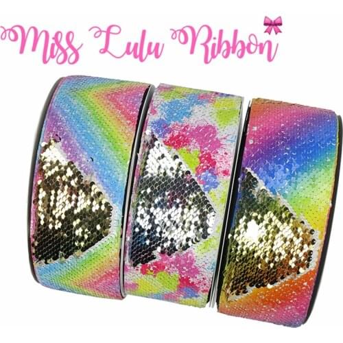 3"75mm Gradient Rainbow Waves Dots Double Reversible Silver&Gold Sequin Ribbon Hair Bow Making 46yards DIY Party Decor