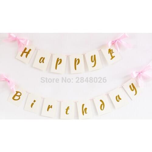 1st Birthday Banner. Pink and Gold Birthday Party Decorations. Glitter Gold Happy 1st Birthday