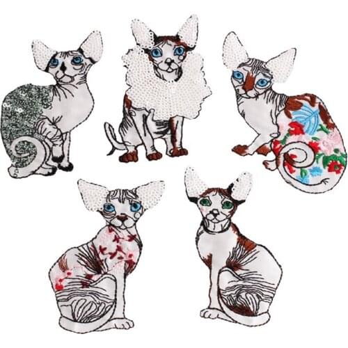 Big Size Flower Cute Siamese Cat Embroidered Patch Sequin Animal Iron on Patches Clothes Sticker Sequined DIY Badge Sewing Decor