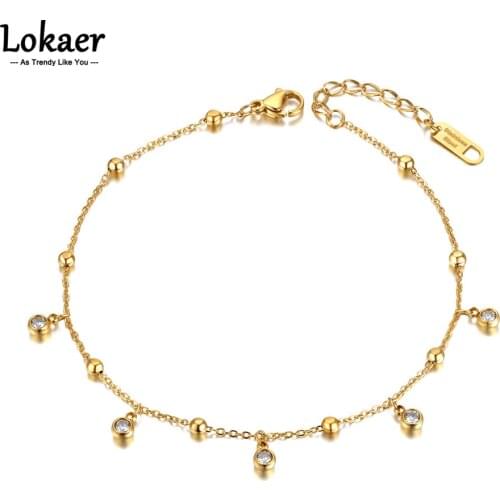 Lokaer Goth Round Ball Charm Anklets For Women Girls 18K Gold Stainless Steel CZ Crystal Foot Jewelry Браслет На Ногу A21025