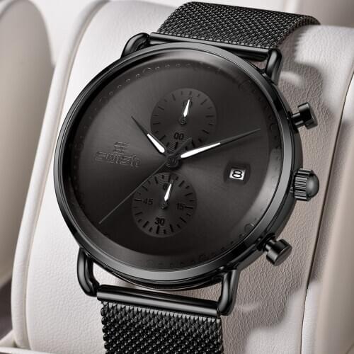 Relogio Masculino Black Steel Watches Men Top Brand Luxury Business Quartz Wristwatch 3ATM Chronograph Sports Clock Date Male