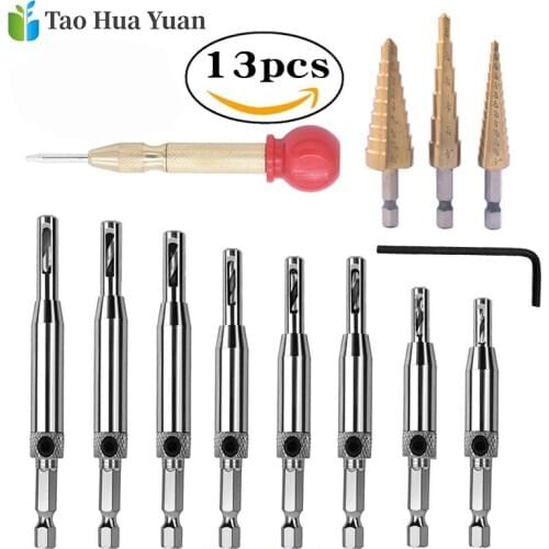 13Pcs/set Woodworking Tools Doors Window Self Centering Hinge Tapper Core Drill Bit + 3Pcs Step Drill Bits Tools Set Hot Sale AA