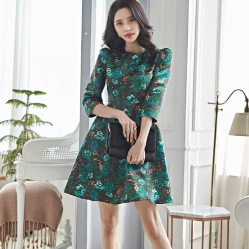 Elegant Korean Elegant Jacquard Ball Gown Mini Dress Autumn Spring Women Floral Print Green Party Dresses Fashion Office Dress