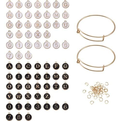 1Set Bangle Making with Adjustable Expandable Bangles Alphabet/Number Double Face Enamel Charms for DIY Bracelet Jewelry Making