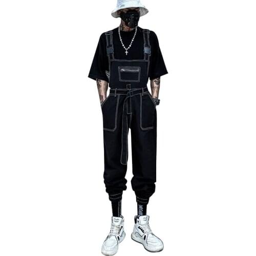 Summer Overalls Men Woman Bib Jumpsuits Korean Version Tie Feet Cool Trend High Street Style Hip Hop Pants Black Trousers
