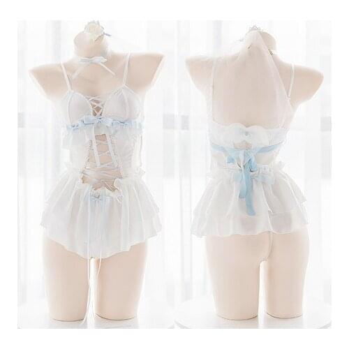 Womens Angel Blue Flower Wedding Lolita Girl Slip Dress Cosplay Japanese Sweet Cute Bandage Bow Wing Hollow out Underwear Set