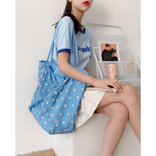 Fashion Daisy Embroidered Women Canvas Shoulder Bag Student Girls Large Capacity Handbags Ladies Summer Beach Tote Shopping Bag