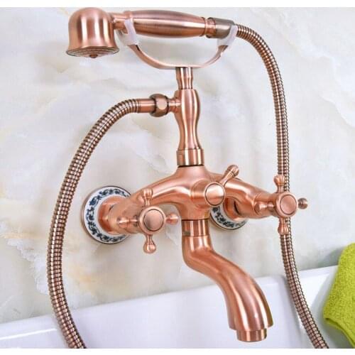 Antique Red Copper Double Handle Wall Mounted Bathroom Bath Tub Faucet Set with 1.5M Hand Held Shower Spray Mixer Tap 2na324