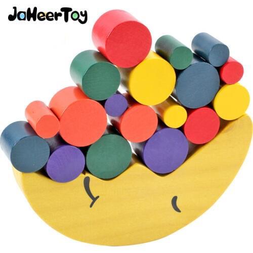 JaheerToy Montessori Educational Wooden Toys for children Moon Shape Balance Beam Geometeic Assembling Blocks for Kids Wood