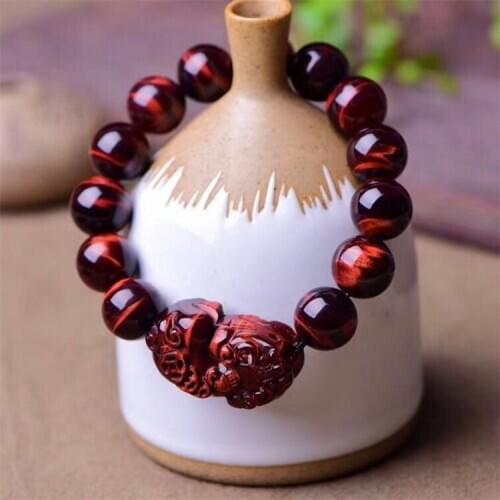 Genuine Natural Red Tiger Eye Bracelets Women Men Crystal Pi Xiu Shape Round Beads Bracelet Bangle 12mm 14mm 16mm 18mm AAAAA