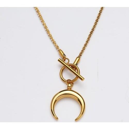 Crescent Half Moon Toggle Necklaces Metal Collar Womens Stainless Steel Ox Horn Luna Necklace Collier