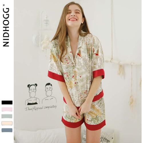 Short Sleeve Shorts Pajamas for Women Two Piece Set Summer Satin Sleepwear Viscose Printing Pyjamas Home Clothes Dropshipping