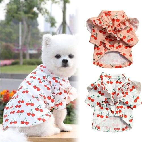 Ruffle Sleeves Pet Shirt Pullover Medium Sleeves Tops Summer Cherry Printed Costume for Cat and Dog Cat Costumes Cat Supplies Re