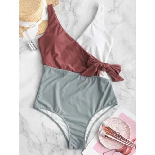 One Piece Bow design on waist Swimsuits Women Swimwear Patchwork Bathing Suits 2021 New Bathers Female V-neck Bodysuit Monokini