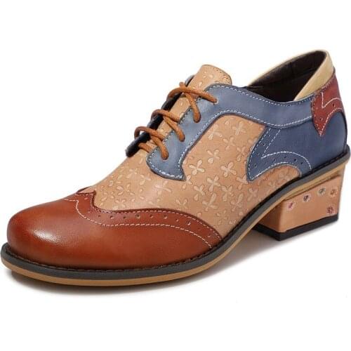 Vintage Splicing Genuine Leather Printed Women Pumps For Women Shoes Lace Up 3-5CM Thick High heels Breathable Comfortable