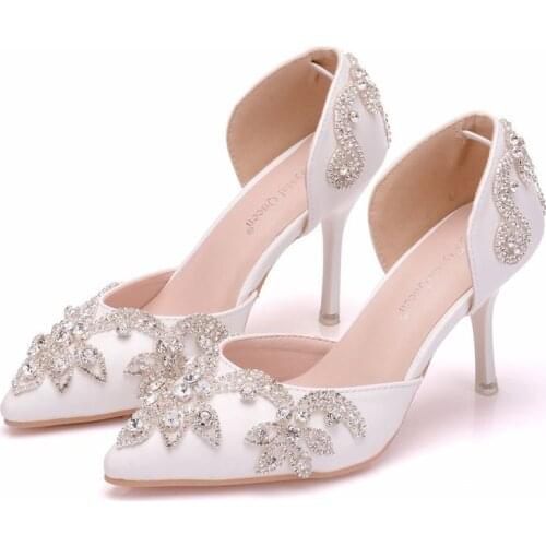 Women sandals wedding Party banquet PU Rhinestones Slip On 7.5CM Thin High Heels Pointed Toe sandal for women shoes size 35-42