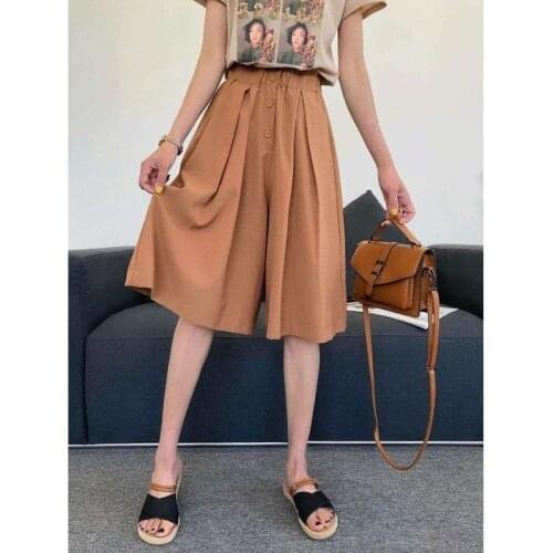 Summer 2021 Elastic High Waist Casual Wide Leg Short-pants Loose Plus Size 4XL Solid Knee-length Shorts Skirts for Women Y103