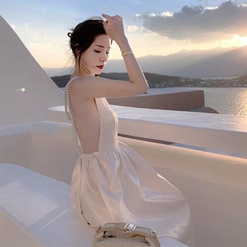 Summer Women Temperament Dress Sexy Backless long Dresses Sleeveless Beaded Strap Dress Seaside resort dress for women casual