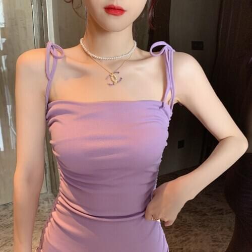 2021 Summer New Korean Version of Womens Sexy Pleated Slimmed Chest Purple Sling Dress Bandage Dresses