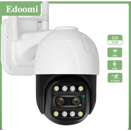 3MP IP Camera WIFI Dual-Lens System Color Night Vision PTZ Home Security 10X Optical Zoom CCTV P2P Speed Dome Auto Tracking IP66