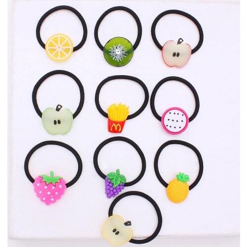 50pcs/100pcs Acrylic Summer fruit smaller strawberry apple lemon pineapple kiwi black elastic hair bands for hair decorates