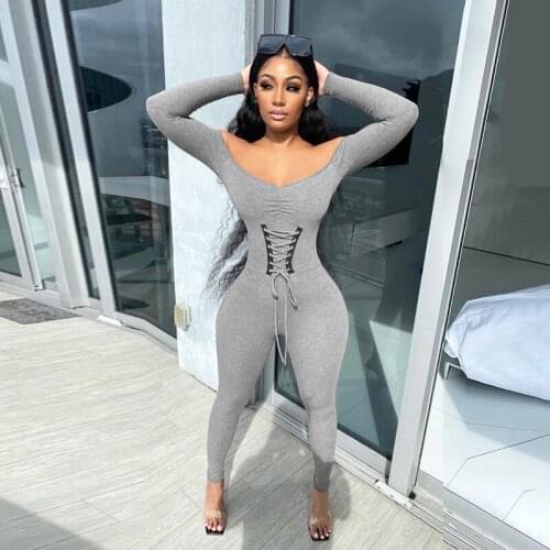 Angjulie Jumpsuit Overalls For Lady Sexy Elastic Off Shoulder Lace Up Backless Skinny Streetwear Long Sleeves Nightclub Clothing