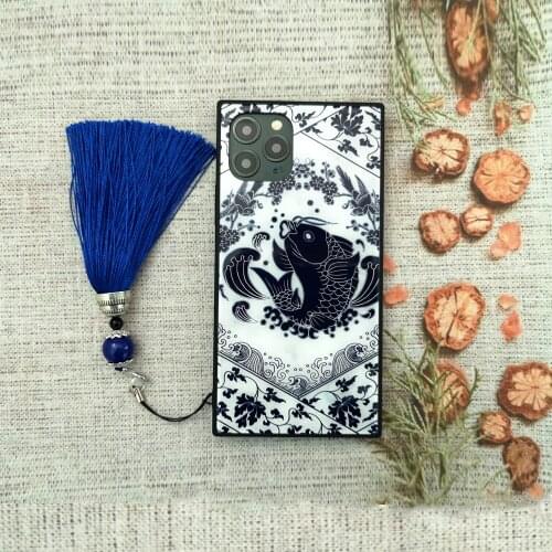 For iPhone 12 11 Pro Mini XS Max SE XR X 8 7 Plus Case Chinese BlueWhite Porcelain Tempered Glass Cover Strap Tassel Shell Funda
