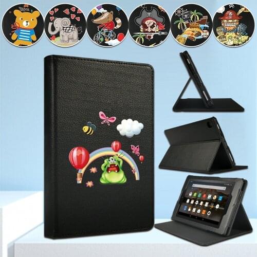 For Amazon Fire 7 HD 10 (5th/7th/9th Gen)/HD 8(6th/7th/8th Gen) Cute Cartoon Pattern Front Bracket Tablet Protective Case+Stylus