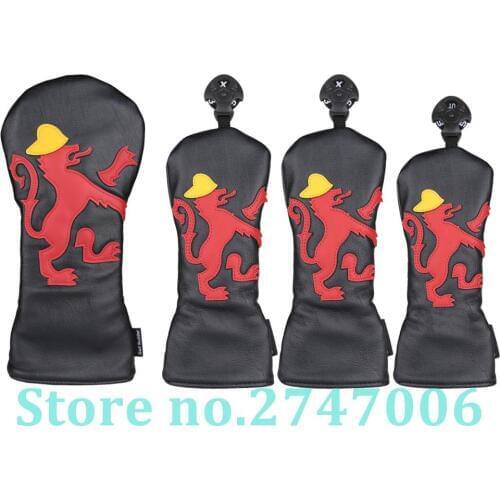 Black PU Leather with Lion Design Golf Club Driver Fairway Wood Hybrid Head Cover Golf #1 #3 #5 UT Wood Headcover