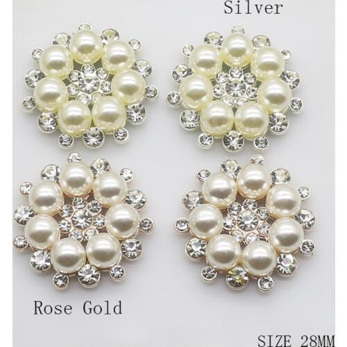 ZMASEY Metal 10pcs/set Two Colour 28mm Flower Alloy Buttons Pearl button wedding decoration Diy Diamond Crystal Bow Accessories