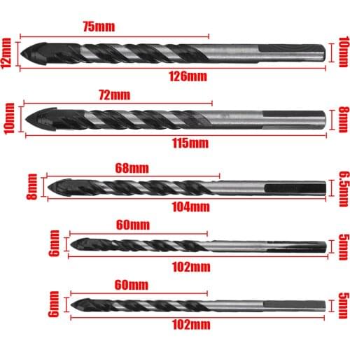 5PCS Tile Glass Ceramic Drill Bit Tool Set 6-8-10-12mm Tungsten Carbide Drill Bits Triangular Tip For Power Hole Cutting Drillin