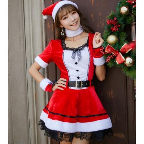 Plus Size New Year Christmas Costume Dress for Women Adult Red Sexy Lace Trim Christmas Dress Belt Hat Xmas Festival Clothes