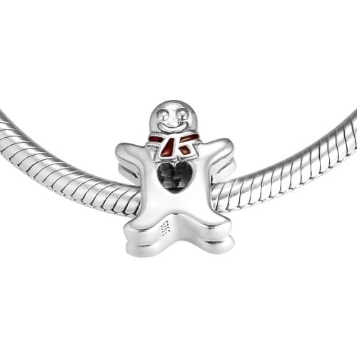 Fits For Pandora Bracelets Sweet Gingerbread Man Charms with Translucent Red Enamel 100% Sterling Silver Beads Free Shipping