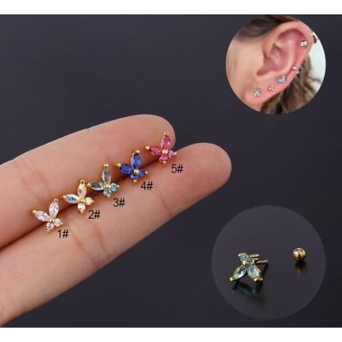 New Sprring Classic Cz Cartilage Stud Butterfly Helix Earring Stainless Tragus Rook Conch Ear Piercing Jewelry