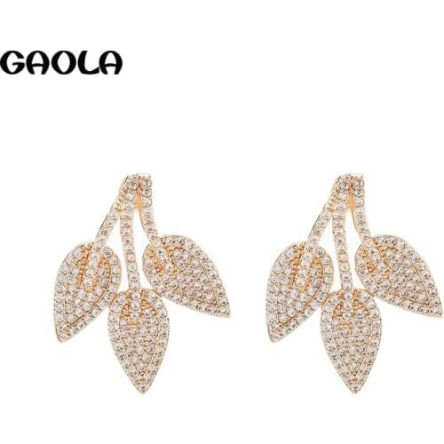 GAOLA Plant Leaf Earrings Inlaid Zircon Exquisite Style Luxury Fine Wild Shiny Jewelry Elegant Personalized Jewelry GLE9571