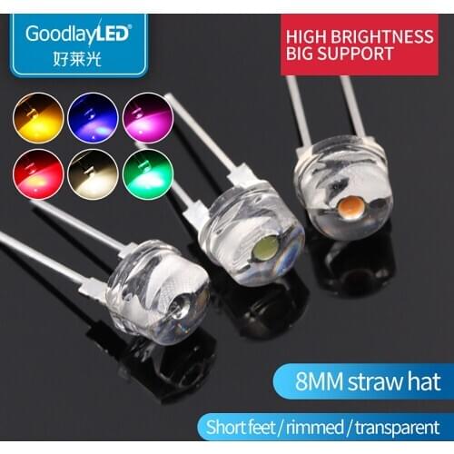 1000pcs 8mm Shraw hat 0.25W 0.5W 0.75W Red Blue Green White Warm lamp bead