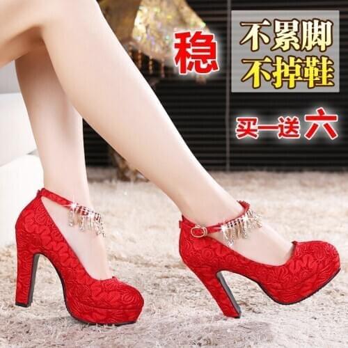 New red high heels strap wedding shoes red shoes bride shoes thick heel waterproof platform bridesmaid shoes