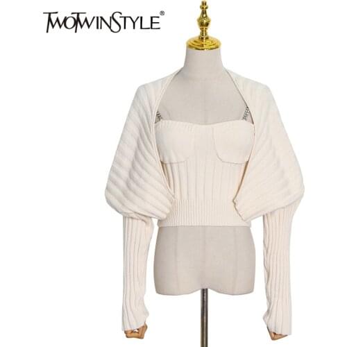 TWOTWINSTYLE Casual Knitted Womens Suit Square Collar Sleeveless Top Solid Long Sleeve Coat Slim Two Piece Set Women 2021 Style