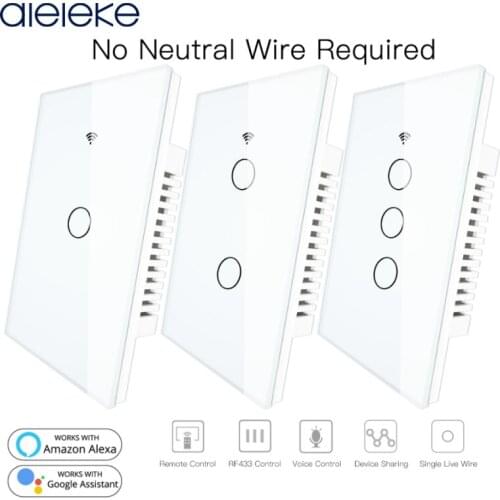 RF433 WiFi Smart Wall Touch Switch No Neutral Wire Needed Smart Single Wire Wall Switch Work with Alexa Google Home 170-250V