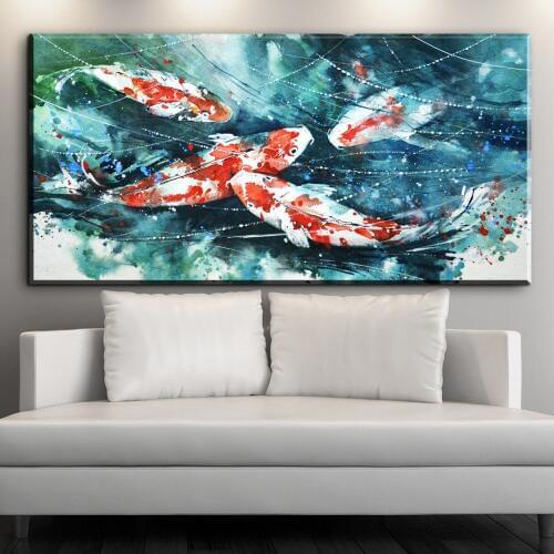 XX664 Large Wall Art Canvas Prints Chinese Calligraphy Painting Ink Koi Fish Pond Lotus Flower Picture Hall Living Room Decor