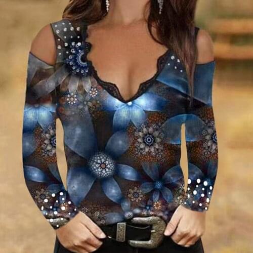 40# Vintage Floral Printed Blouses Shirt Wome Sexy Lace V Neck Off The Shoulder Long Sleeve Tops Oversize Casual Shirts Рубашки